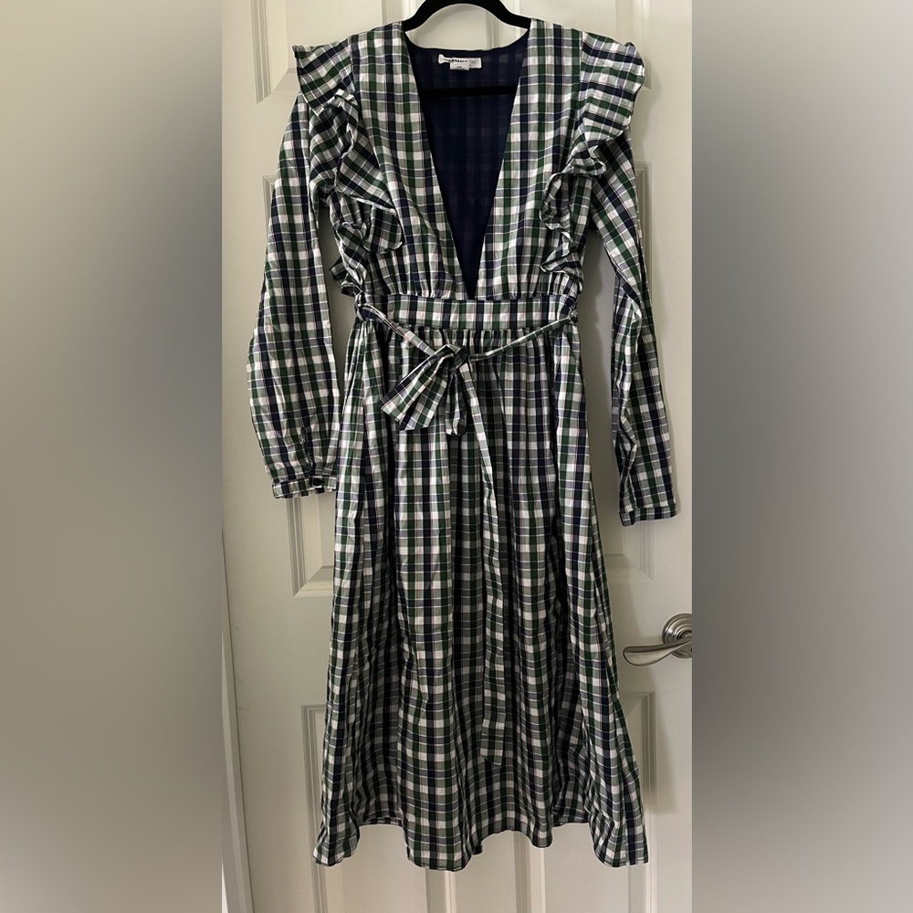 Women’s Glamorous Dress Green Blue plaid Low Neck 3/4 Sleeve Ruffle Tie size 6T
